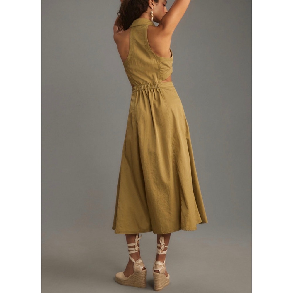 Pilcro and the Letterpress Halter Plunge Olive Green Utility Midi Dress Sz 12 - Picture 2 of 9